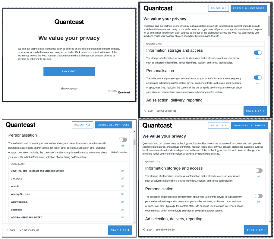 Consent dialogues on quantcast.com (clockwise from top-left) (a) first screen (b) default options on selecting I Accept (c) default options on selecting Show Purposes (c) Third parties listed for purpose Personalisation