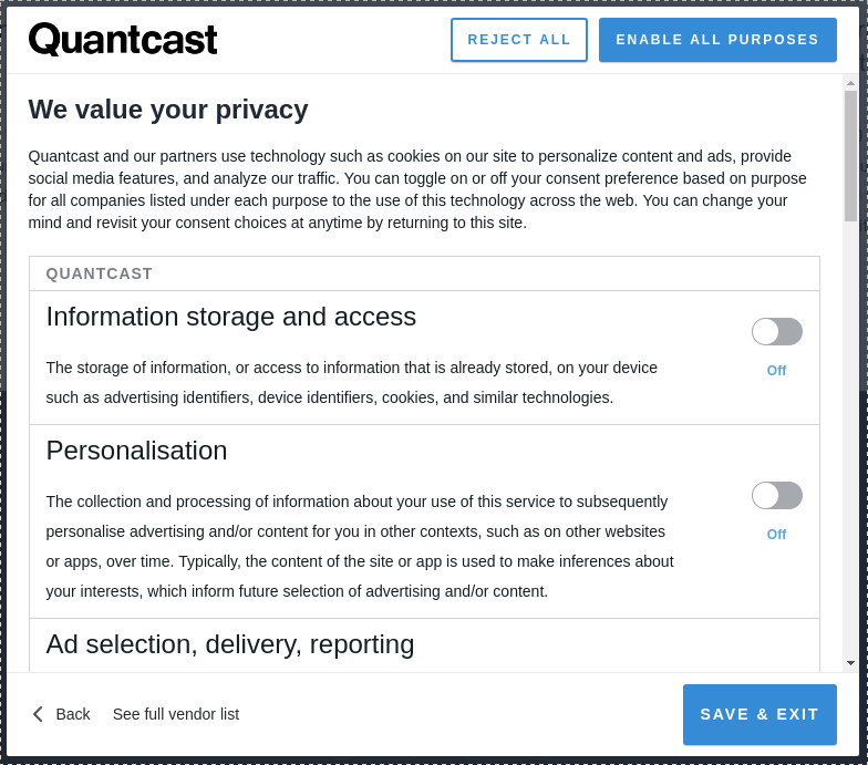 Consent dialogues on quantcast.com (clockwise from top-left) (a) first screen (b) default options on selecting “I Accept” (c) default options on selecting “Show Purposes” (c) Third parties listed for purpose “Personalisation”